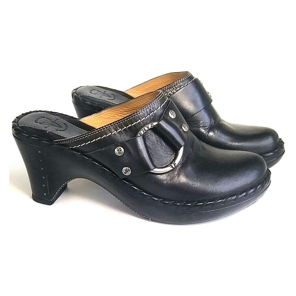 Frye Clogs Black Leather Silver Harness